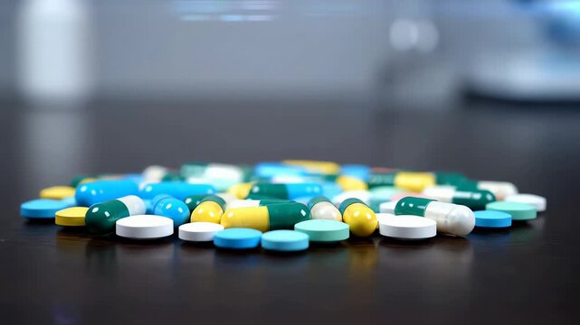 A close-up of a diverse pile of colorful medication pills and capsules on a dark surface
