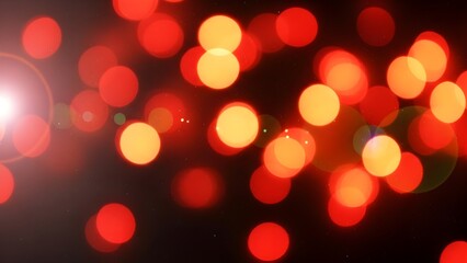 Abstract bokeh background of glowing red and yellow circular lights with lens flare effect