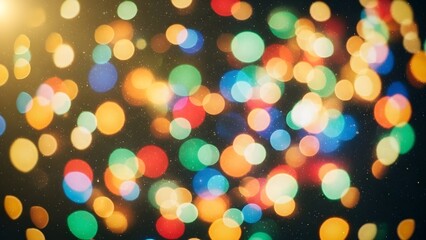 Colorful festive bokeh lights background with a dark backdrop and a bright corner glow.