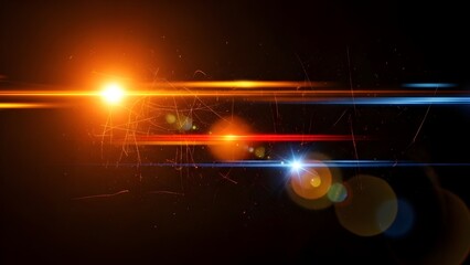 Abstract background featuring bright orange and blue lens flares with light streaks