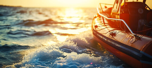 Sunset Boat Sailing into the Serene Ocean Waves