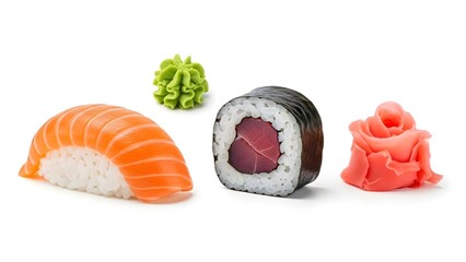Various types of sushi including salmon nigiri, tuna maki, wasabi, and pickled ginger on a white background