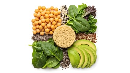 Healthy plant-based ingredients including chickpeas, avocado, and spinach arranged on a white surface