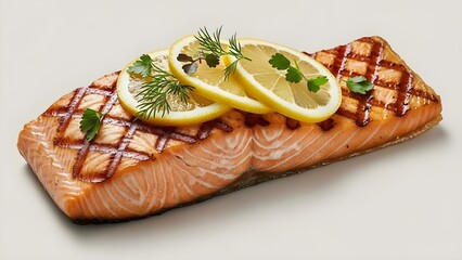A perfectly grilled salmon fillet garnished with fresh lemon slices and aromatic herbs