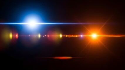 Futuristic lens flare effect with blue and orange lights on a dark background