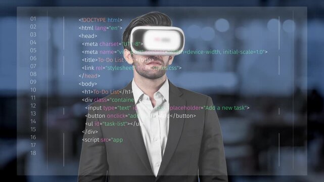 A businessman wearing a VR headset immerses himself in a virtual experience within a contemporary office space, illustrating the intersection of technology and work. Raster