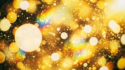 A mesmerizing abstract background with golden bokeh circles and glittering particles creating a festive atmosphere.