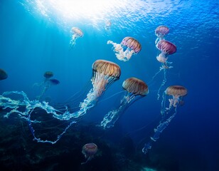 underwater view of jellyfish swimming in the deep blue sea