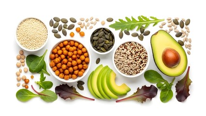 A variety of healthy plant-based foods including avocado, chickpeas, and seeds on a white background