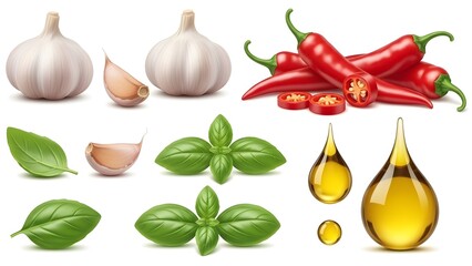 Fresh cooking ingredients: garlic, basil, red chili peppers and oil drops on white background