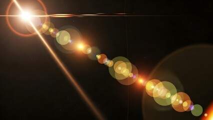 Abstract lens flare effect with bright light source and bokeh circles on a dark background