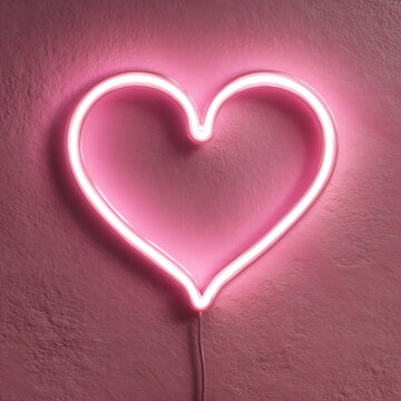 glowing neon heart sign on pink background, modern minimal aesthetic, Valentine's theme