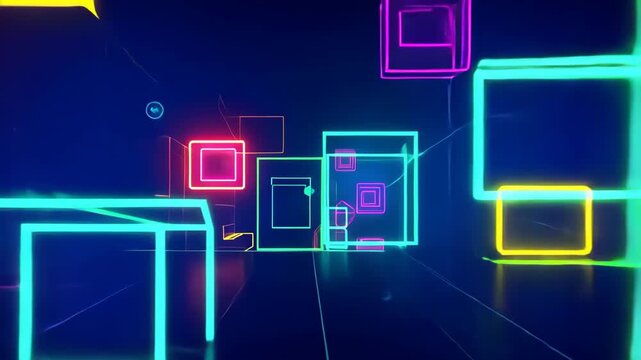 Illuminated Cubes in the Digital Sphere: Dynamic display of luminous, geometric shapes floating within a dark, digital cosmos. Capturing a sense of innovation and technological advancement. 
