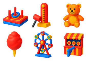 Carnival Fun Icons. 3D icon set of carnival fun: ring toss, hammer game, prize teddy bear, cotton candy, ferris wheel, shooting