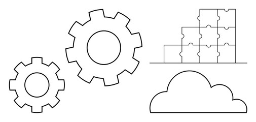 Cloud computing concept. Gears, cloud, and puzzle pieces cloud solutions, process integration, and efficient system design. Cloud computing for software, IT, business collaboration innovation