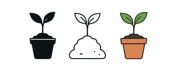 Flat vector illustration plant sprout seedlings pots and soil soft rounded silhouettes clean outline one black and white flat version one outline version one color version cozy eco
