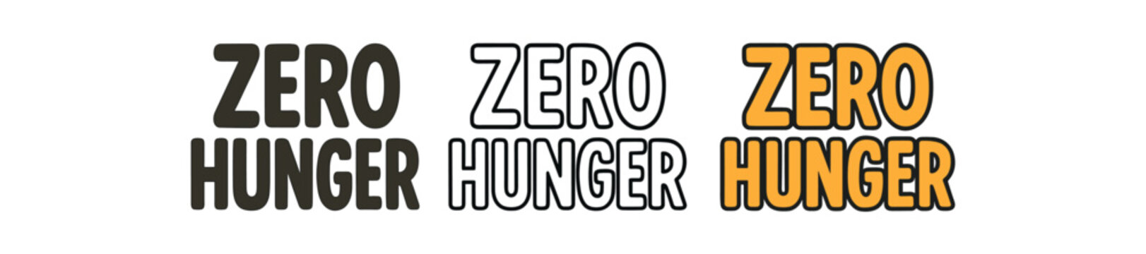 lettering icons three text only designs with phrase zero hunger one flat solid monochrome one thin black outline black and white one full color flat icon