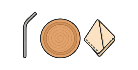 Flat vector illustration of zero waste party supplies: metal straw bamboo plate and cloth napkin rounded shapes clean outline clean white background