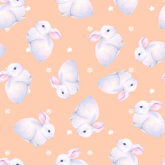 Seamless watercolor pattern with cute white rabbits on a delicate peach background. Illustration featuring playful bunnies and small white flowers. Perfect for textiles, wrapping paper, spring themes