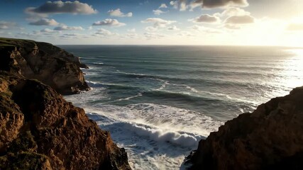 A stunning aerial view of powerful ocean waves crashing between steep coastal cliffs during a beautiful sunset