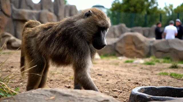 Close up view of a large baboon monkey exploring its habitat at the zoo