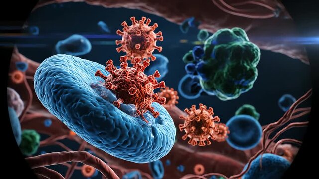 A scientific visualization showing a microscopic view of coronavirus particles attacking cells in the bloodstream