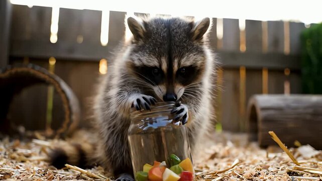 An adorable and curious raccoon uses its paws to get fresh chopped fruit out of a glass jar