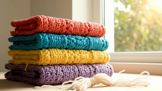 Cozy stack of colorful handmade crocheted blankets on a windowsill with warm sunlight.