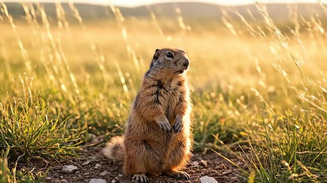 A cinematic close up of an alert gopher standing in a golden sunlit field at sunset.