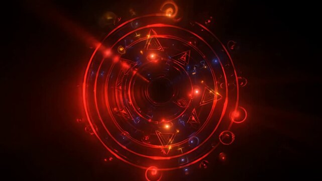 Animated Red Glowing Magic Circle with Arcane Symbols and Flashing Lights Seamless Loop