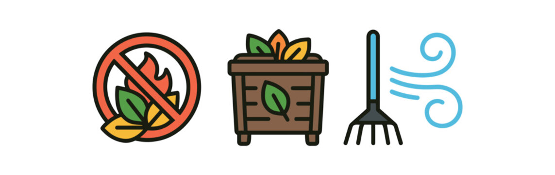 Flat vector illustration of antiburning leaves: leaf pile crossed by flame icon compost bin and rake with clean air waves rounded shapes clean outline clean white background