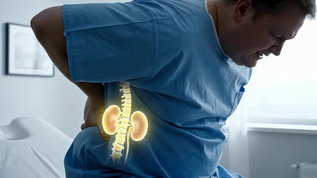 A man in a hospital gown suffers from severe back pain, with a medical animation highlighting the kidneys and spine.