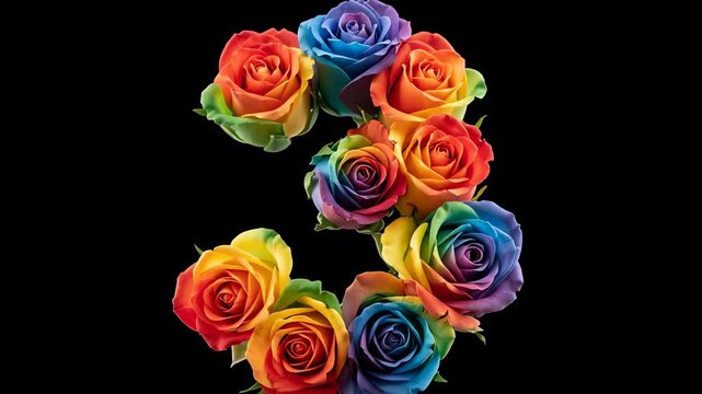 Blooming Rainbow Roses Forming the Number 3 in a Beautiful Floral Time-lapse Animation