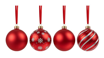 Red Christmas Ornaments Set with Snowflake and Striped Designs Isolated on Transparent Background