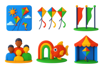 Kite Festival Icons. 3D icon set of kite festivals: colorful sky, rows of kites, competition flags, crowd watching, giant display