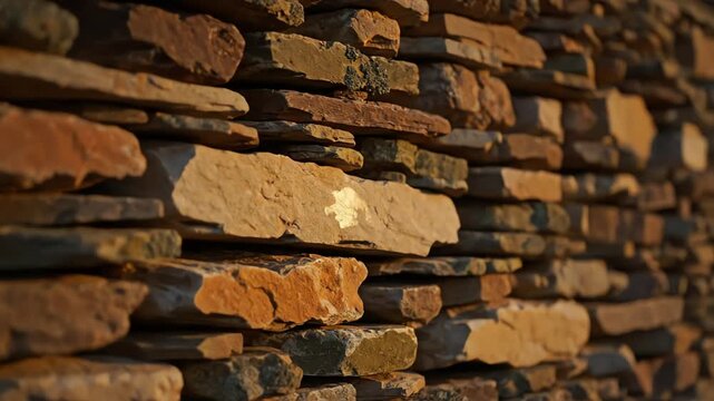 A close-up view of a rustic stacked stone wall illuminated by the warm golden hour light