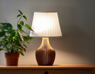 lit lamp on wooden base with plant indoors during daytime