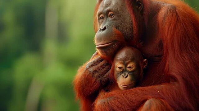 Orangutan Bond: A tender moment unfolds as a mother orangutan cradles her baby, capturing the essence of family, protection, and the deep connection within the animal kingdom.