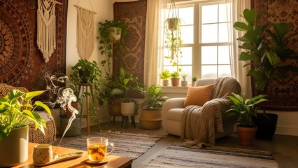 Fototapeta premium Warm bohemian morning scene with golden sunrise glow cozy atmosphere.