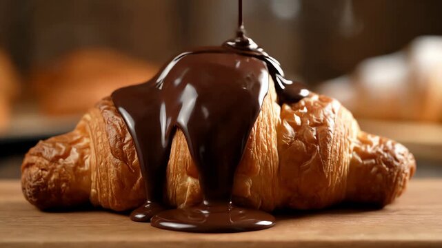 A decadent stream of melted chocolate pouring over a warm steamy croissant on a wooden board