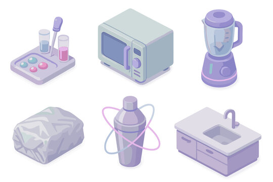 Futuristic Cooking Icons. Isometric vector illustration set of futuristic cooking icons: spherification molecular kit,