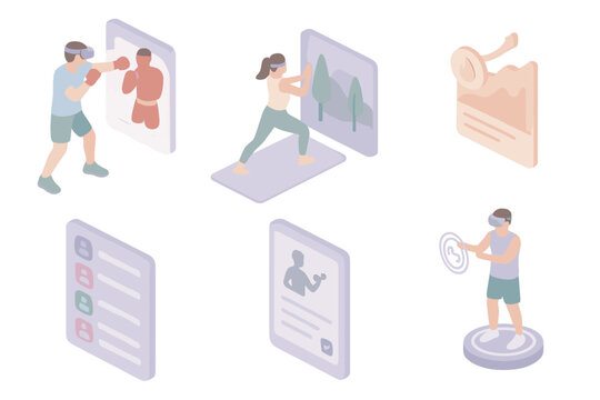 Mixed Reality Fitness Icons. Isometric vector illustration set of mixed-reality fitness icons: virtual boxing game with motion