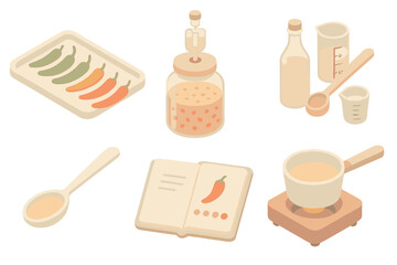 Hot Sauce Creation Essentials. Isometric vector illustration set Small batch hot sauce recipe development: chili pepper selection