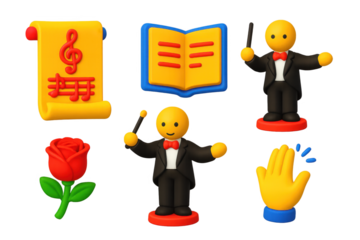 Opera Icon Set. 3D icon set of opera traditions: overture scroll, libretto book, standing conductor, final bow, debut rose, encore