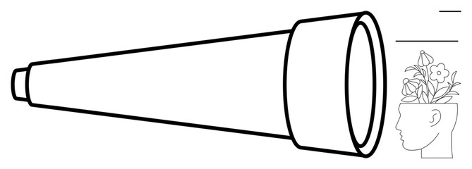 A telescope directs focus towards a human head filled with blooming flowers, symbolizing exploration, creativity, vision, discovery, personal growth, imagination, and innovation. Ideal for education