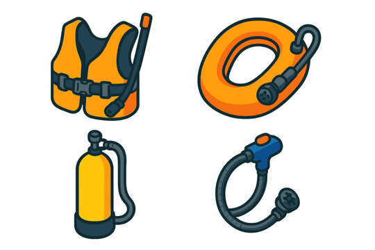 Underwater Diving Gear Icons. Isometric vector illustration set Underwater diving gear &ndash; snorkel vest, inflatable chamber, purge