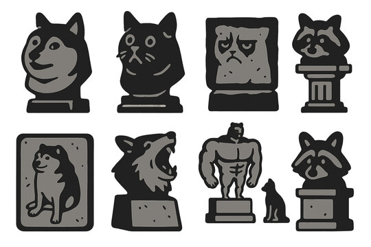 Animal Meme Sculptures. Solid style icons of animal meme icons: doge head sculpture, dramatic cat bust, grumpy feline stone.