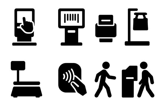 Self-Checkout Icons. Solid style icons of self-checkout kiosks: touchscreen payment station, barcode scanner screen, receipt