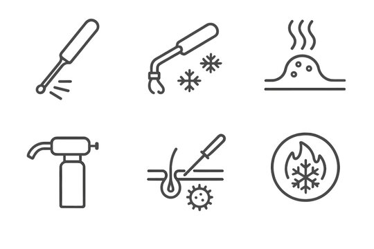 Cryogenics Medical Icons. Line style icons of cryogenics in medicine: cryotherapy wand, skin freezing nozzle, wart removal icon,