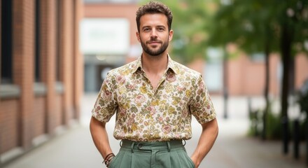 A stylish man in a floral shirt and green pants confidently poses outdoors